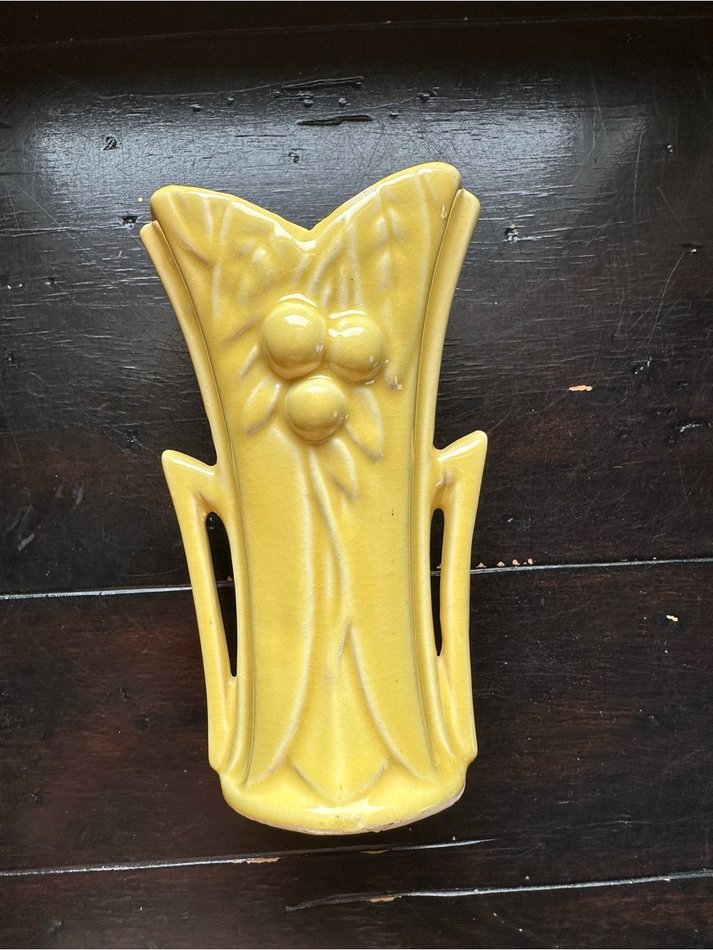 Vintage McCoy Pottery Yellow Cherries & Leaves Vase 2 Handle Art Deco 6" USA